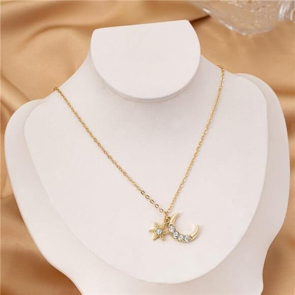 18K Gold-Plated Rhinestone Star & Moon Necklace - Picture 3 of 5
